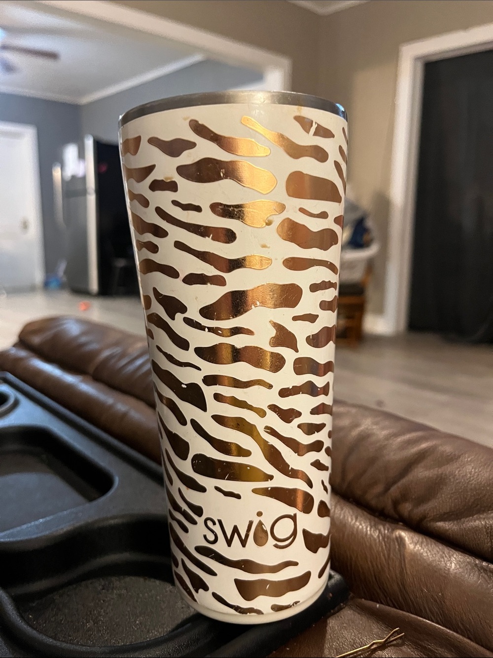 Swig White and Gold Zebra Pattern Travel Tumbler